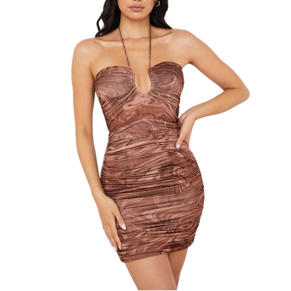 House Of CB Letitia Cocoa Brown Swirl Halter Ruched Mini Dress MEDIUM